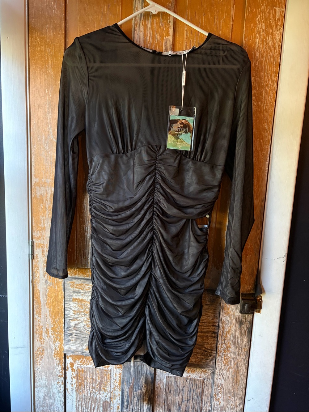 Self-Portrait NWT Double Mesh Ruched Mini Dress Black US 8